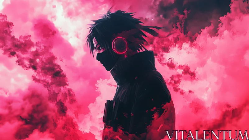 Solitary masked anime warrior walks through neon crimson clouds