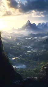 Sunlit fantasy valley with distant spires and high peaks.