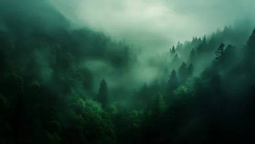 Atmospheric fog layering through evergreen forest canopy with volumetric light diffusion
