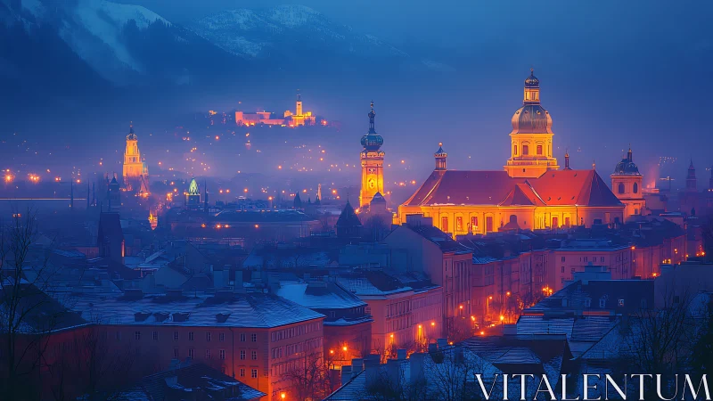 Misty alpine cityscape illuminated by warm cathedral lights.