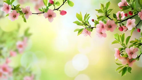 Spring flowering branches with pink blossoms and green foliage