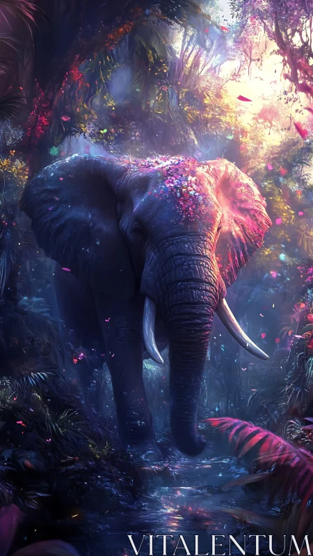 Luminescent elephant strides through iridescent jungle stream.