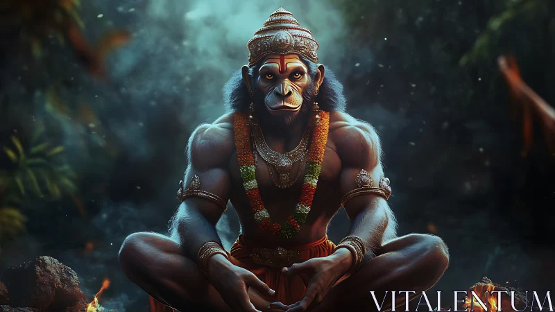Simian humanoid figure in ornate attire seated in forest.