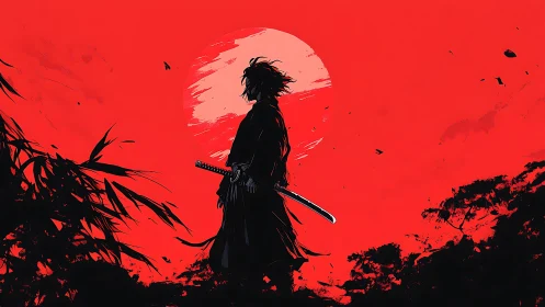 Lone samurai sketches silence across a burning red sky