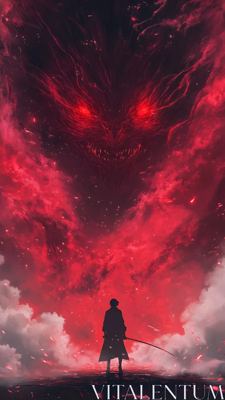 Silhouetted swordsman before large red demonic cloud form.
