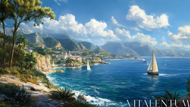 Coastal harbor town with sailboats and distant mountain range.