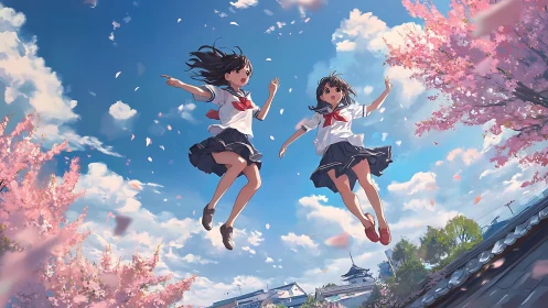 Schoolgirls jump under cherry blossoms in bright spring sky