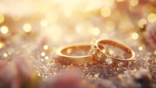 Macro close-up of gold diamond wedding rings in bokeh light