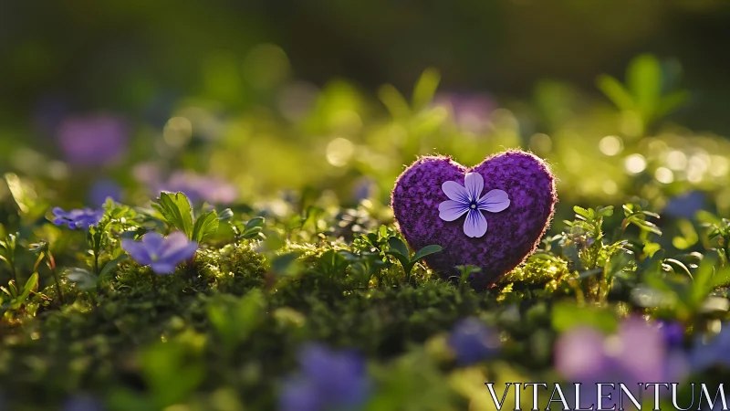Purple heart-shaped moss with small flower on sunlit ground.