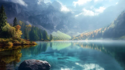 Glacial alpine lake reflection under soft volumetric morning light