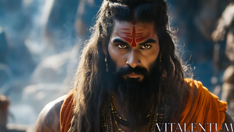 Fierce mystic sage gazes through swirling mountain incense.