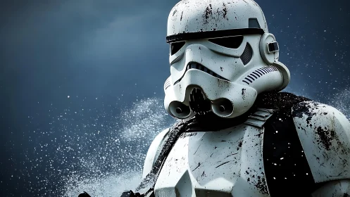 Armored sci‑fi soldier in rain with weathered white helmet.