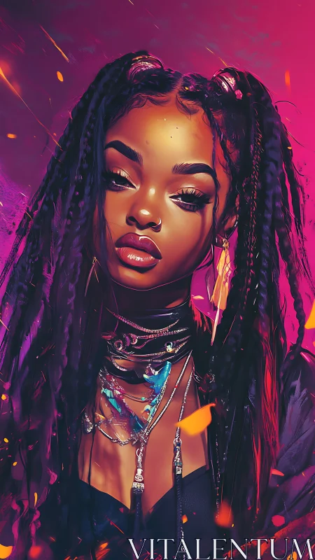 Chromatic portrait of braided cyber siren in neon ambience.