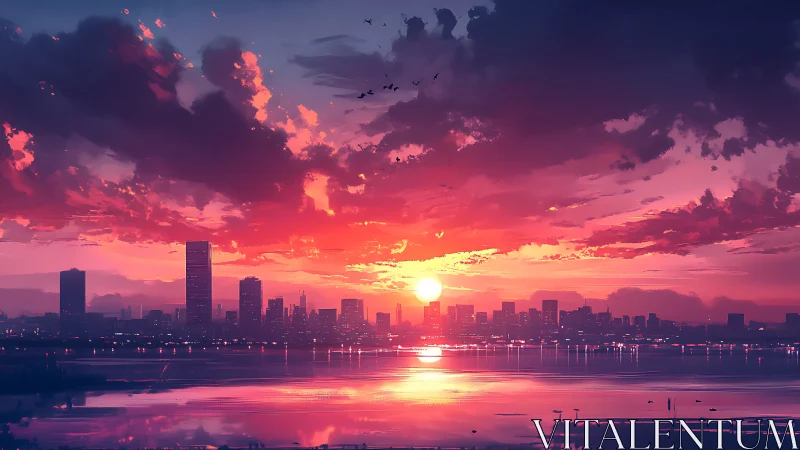 Sunset city skyline glows above calm reflective waterfront