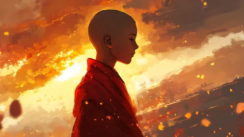 Solitary monk in ember-lit sky, contemplative side profile.