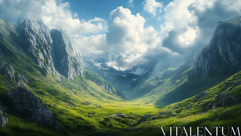 Sunlit mountain valley cradled by drifting summer clouds.