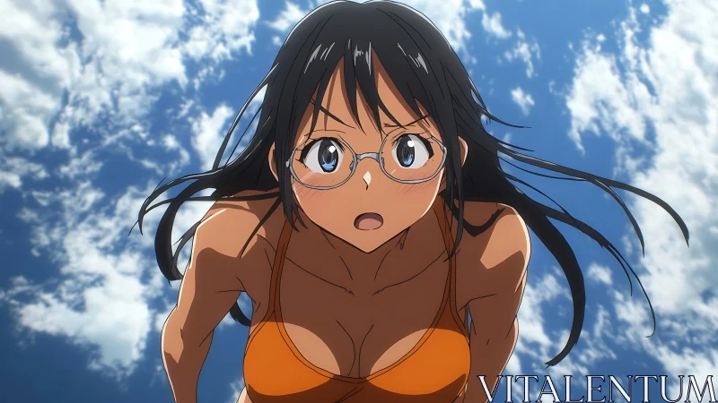 Surprised anime girl in orange swimsuit under vivid sky