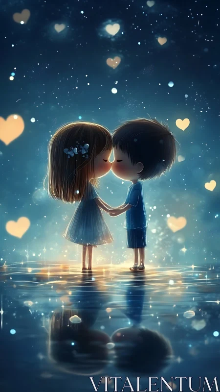 Digital Romantic Illustration: Anime Couple Kissing Among Luminescent Bokeh Hearts