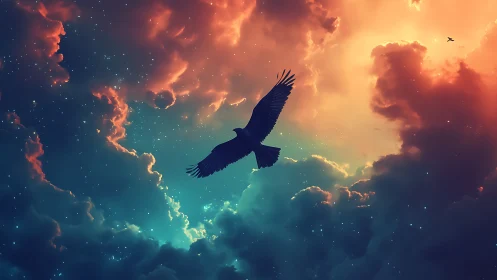 Majestic bird silhouette soaring through vibrant, dreamy sunset clouds.