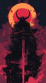 Horned dark figure sits with sword before red eclipse