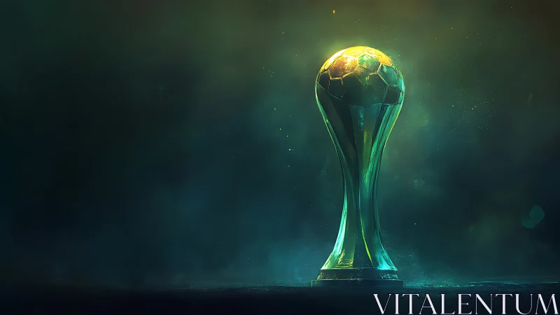 Glowing emerald football trophy in cinematic spotlight.