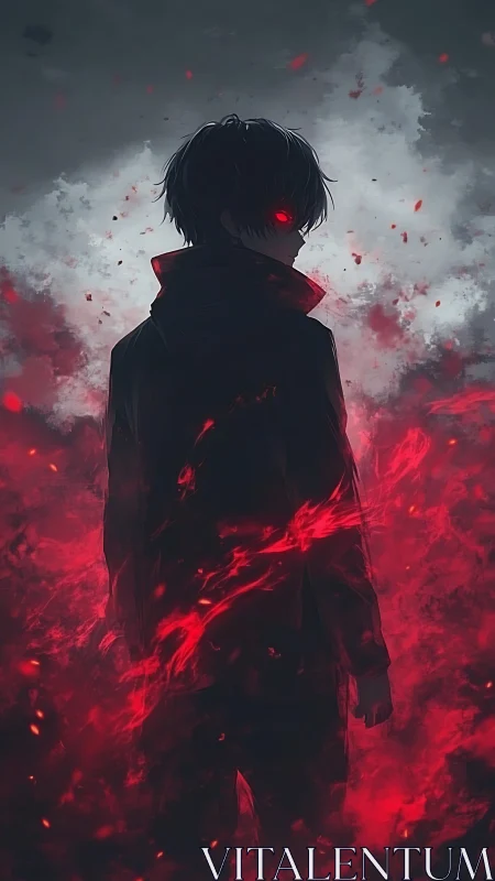 Backlit dark figure amid turbulent red energy plumes.