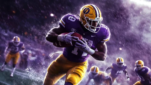 Football player runs with ball on rainy illuminated field