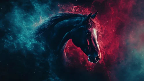 Stallion emerges through neon cosmic mist in vivid contrast