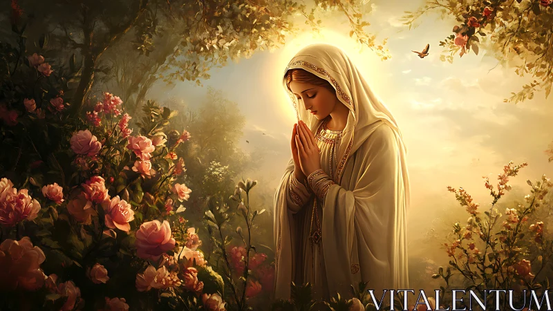 Sunlit prayer in a rose-kissed woodland sanctuary of peace.