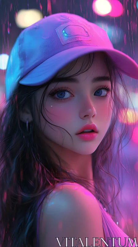 Neon nightdream girl beneath rainlit city glow.
