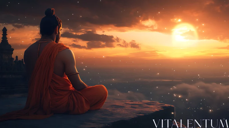 Monk figure seated on cliff edge at sunset horizon.