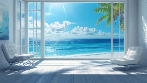 Sunlit oceanfront room opens gently onto a tranquil blue sea