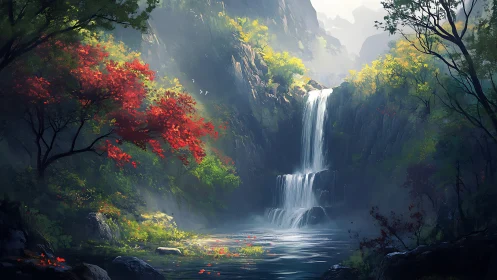 Waterfall descending into calm forest pool between cliffs