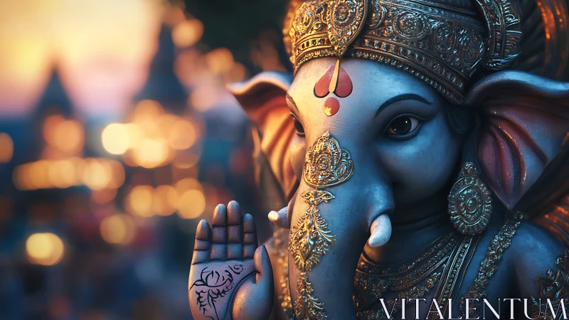 Ornate Ganesha idol rendered in warm cinematic bokeh lighting