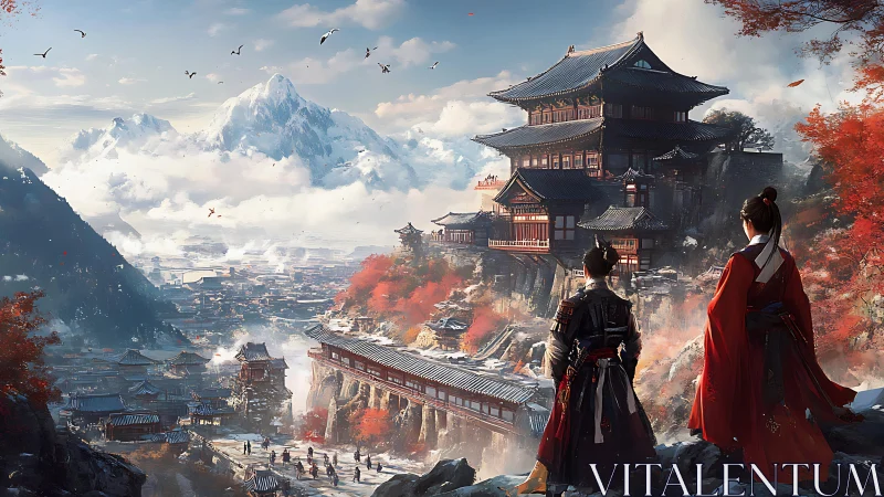 Samurai overlook mountain temple and valley cityscape.