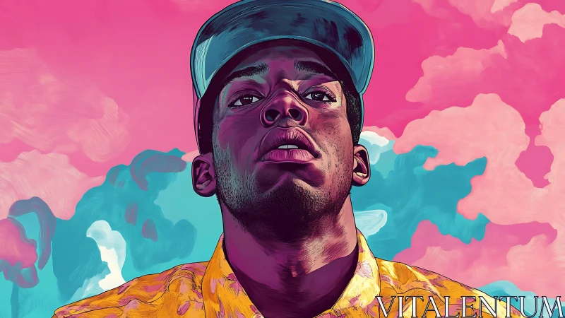 Sky-gazing portrait in neon clouds and golden streetlight hues.