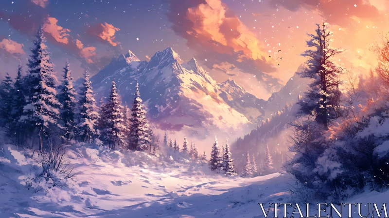 Snowy mountain valley under vivid winter sunset sky.