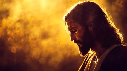 Contemplative robed figure in radiant golden backlight.