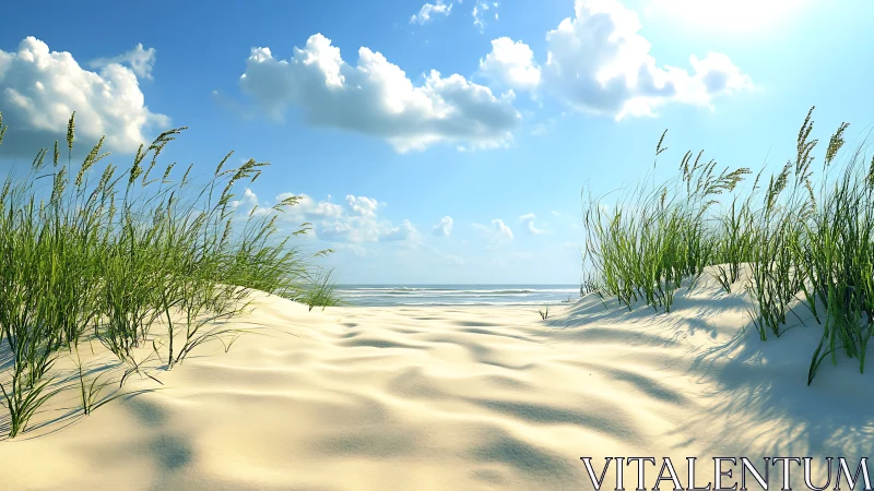 Sunlit coastal dunes with wind-shaped ripples and grass.
