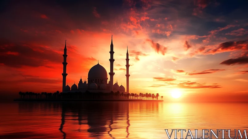 Coastal mosque silhouette at sunset with reflective water surface.