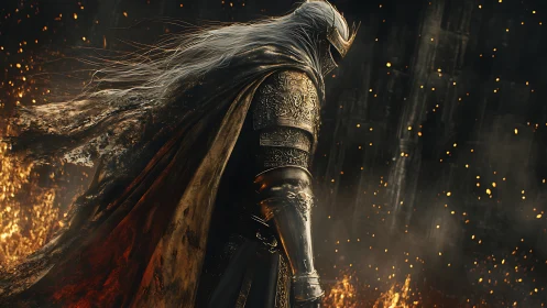 Armored knight strides through embers in burning dark citadel.