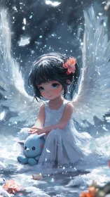 Digital painting of angelic child with plush companion in snow.