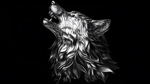 Luminous howling wolf sculpted in flowing silver strokes.