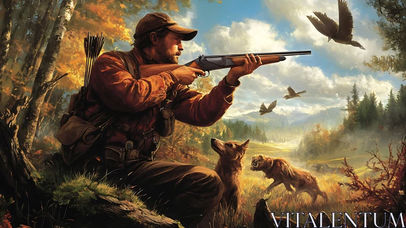 Hunter with rifle and dogs in autumn forest landscape scene.