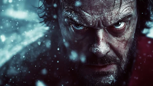 Intense snowbound close-up isolates a frostbitten male face