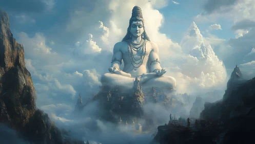 Colossal meditative deity integrated with stratified cloudscape.