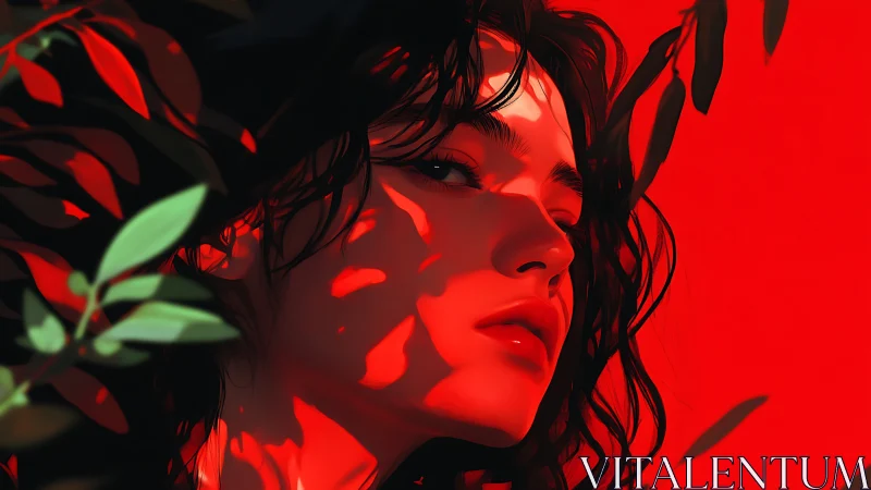 Digital portrait shows face in foliage with red directional light