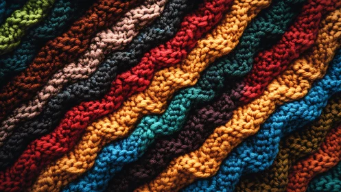 Macro study of multicolored knitted zigzag rows with high texture contrast