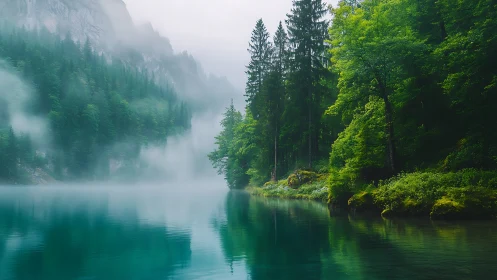 Alpine Lake Emerges Through Mist-Shrouded Evergreen Gorge