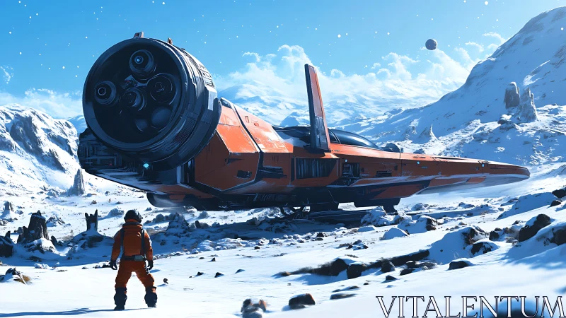 Crimson starship hums quietly above a frozen alien valley